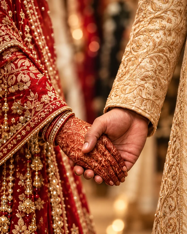 Bride and groom holding hands in traditional wedding attire